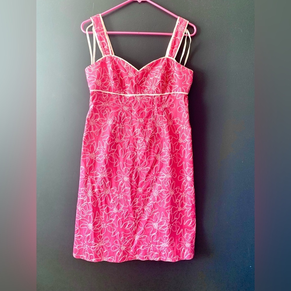 Lilly Pulitzer Kinsey Dress in Parade Pink with White Floral Sundial Embroidery - Picture 2 of 5